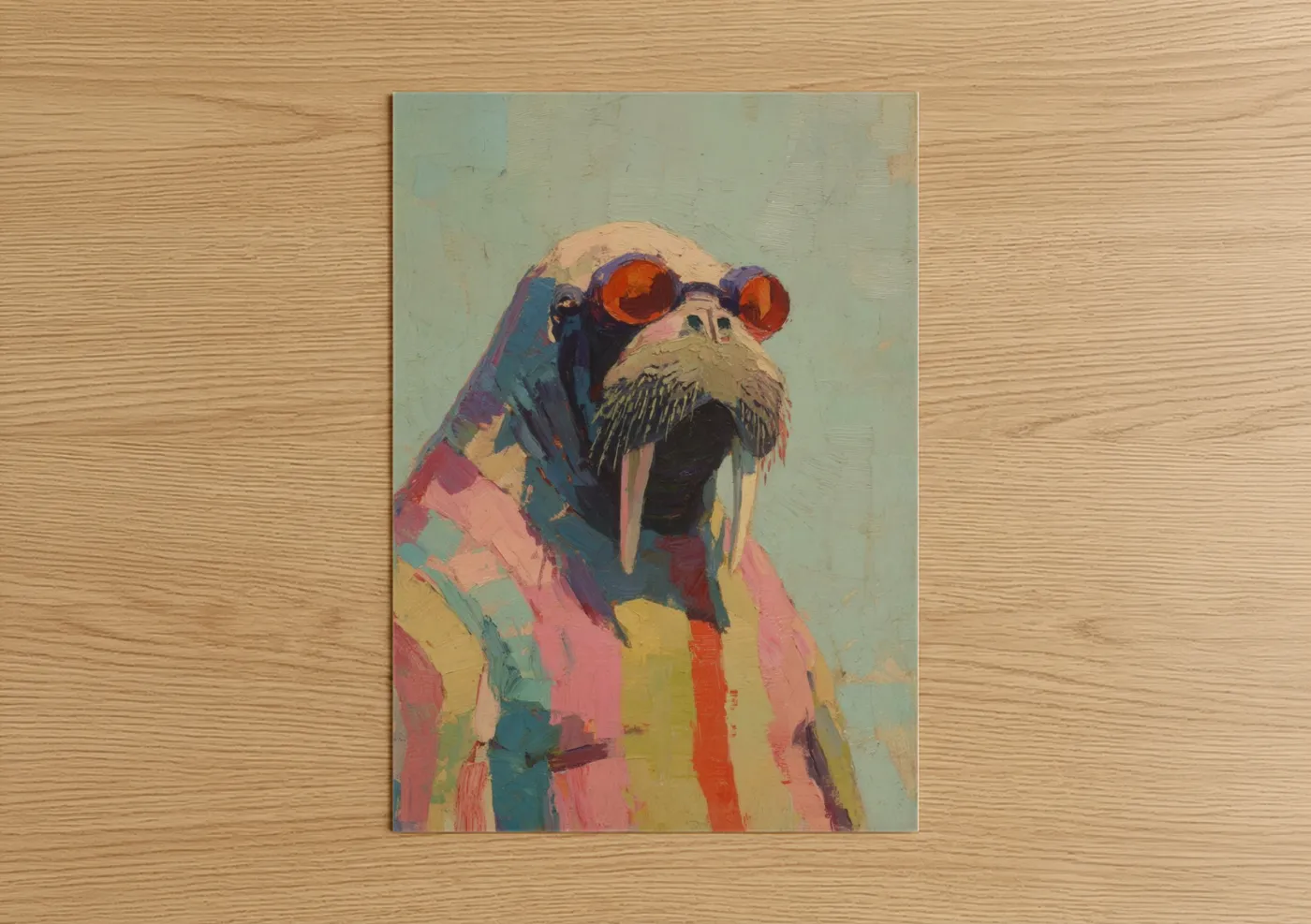 Art print on warm oak wood — blue and pink palette — Colorful Walrus poster