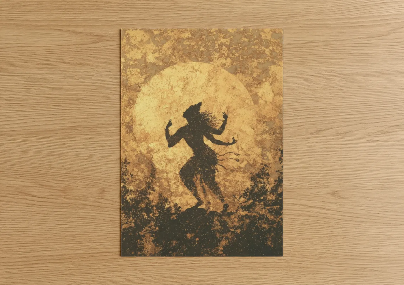 Hindu holidays art print on warm oak wood — gold and black and white palette — Shiva Moonlit Dance poster