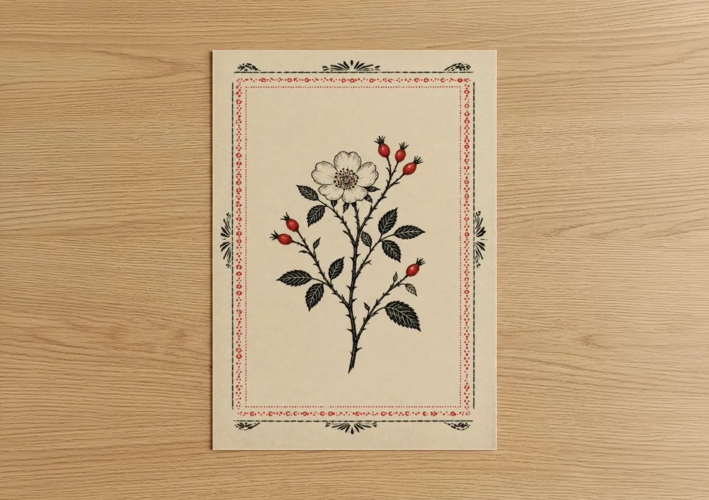 Roses art print on warm oak wood — beige and red palette — Vintage Rose Botanical Illustration Wall Art poster