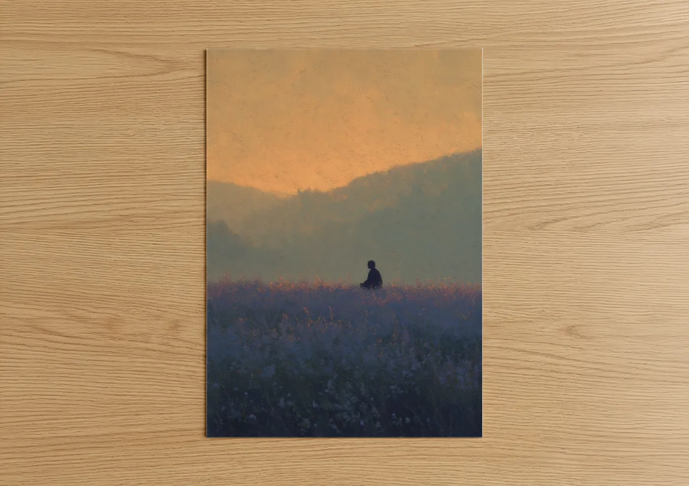 Yoga art print on warm oak wood — gold and blue palette — Misty Meditation poster