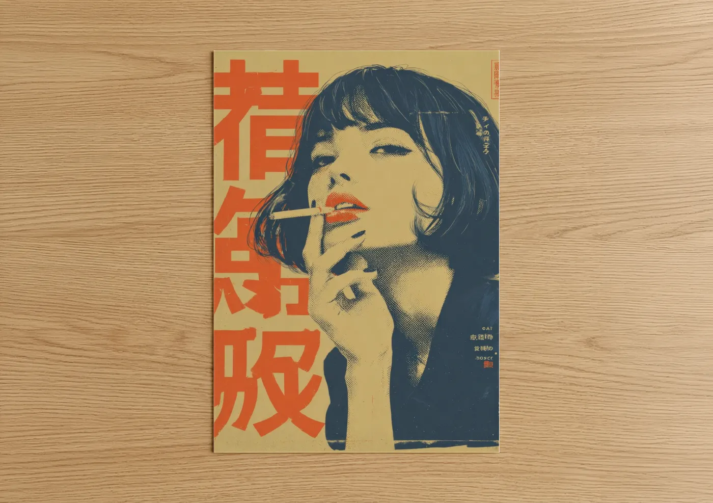 Vintage japanese ads art print on warm oak wood — cream and dark blue palette — Cigarette Reverie poster