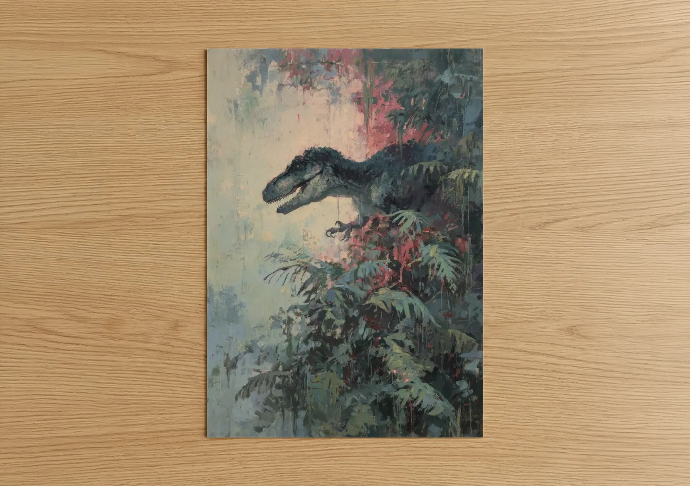 Art print on warm oak wood — gray and rose gold palette — Jungle Dinosaur poster