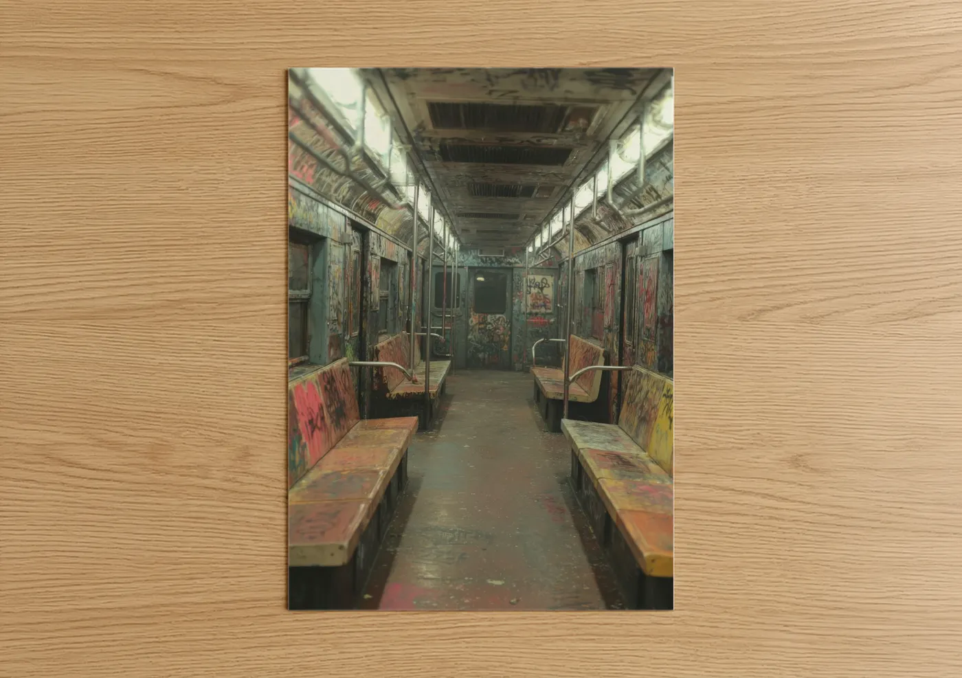 Art print on warm oak wood — black and gold and red palette — Graffiti Subway poster