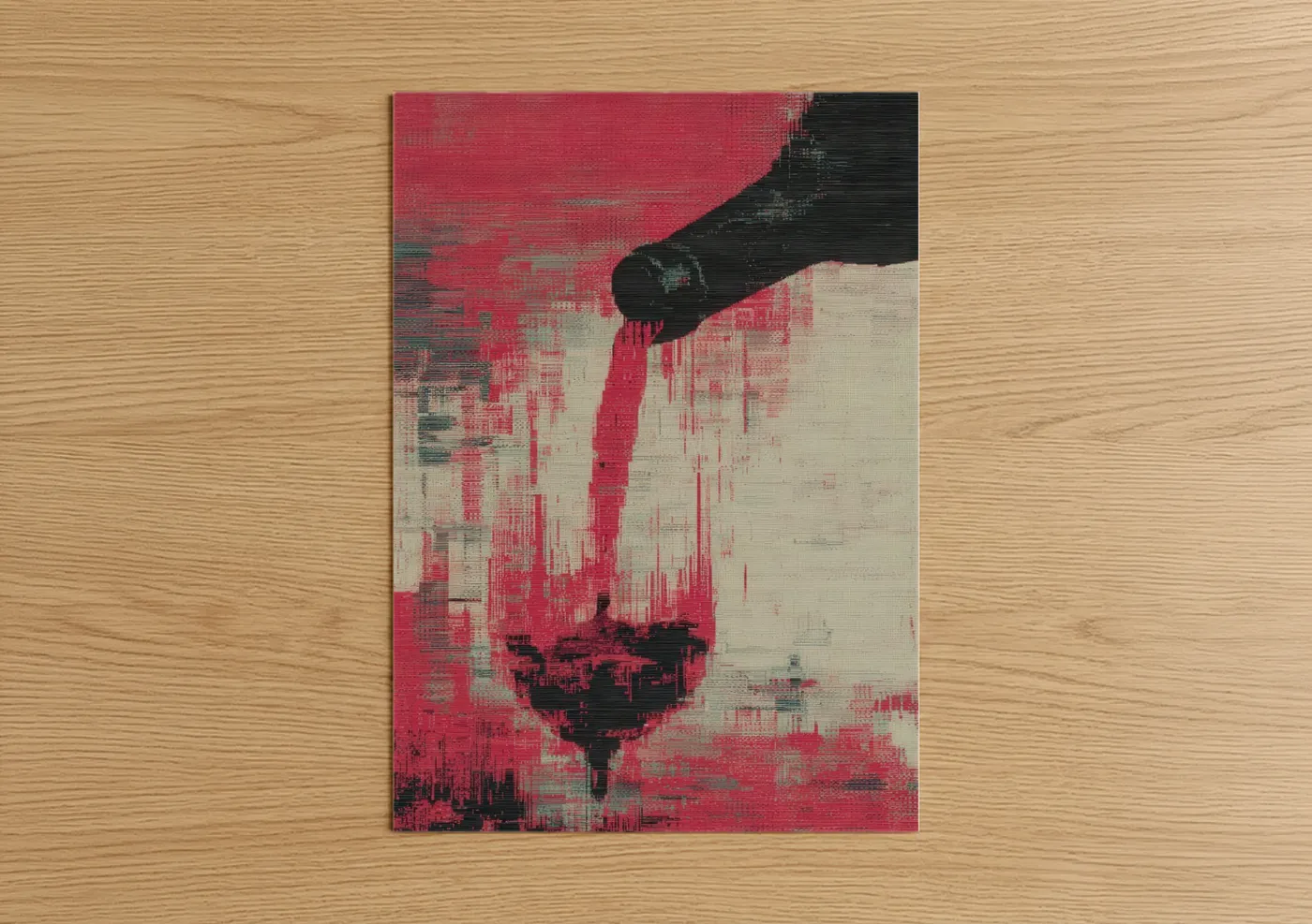 Red wine art print on warm oak wood — red and black and white palette — Crimson Drip poster