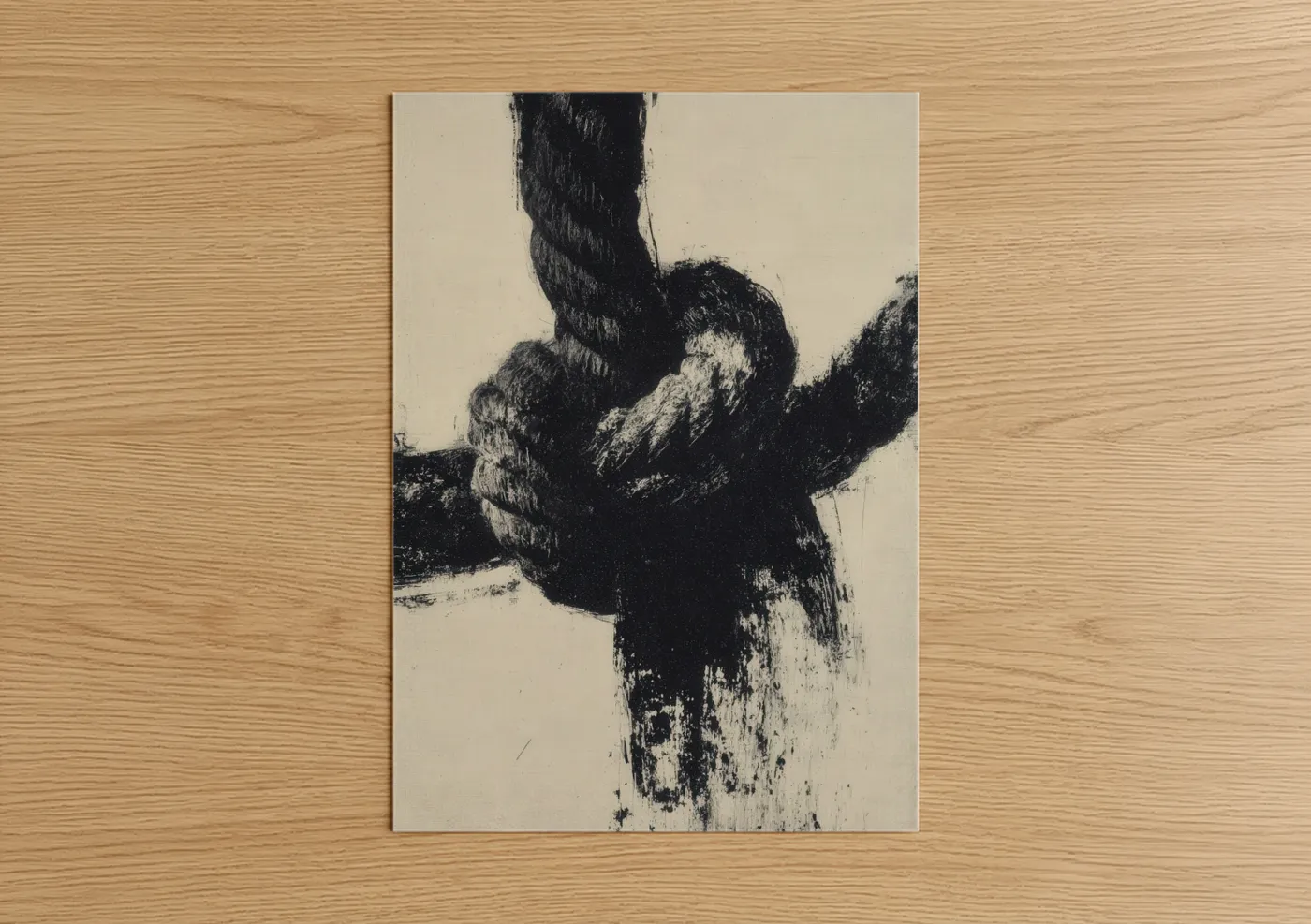 Rope knots art print on warm oak wood — black and white palette — Textured Rope Study poster