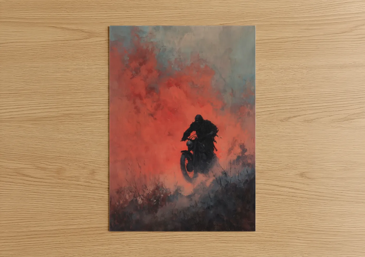 Vintage motorcycle art print on warm oak wood — red and black and gold palette — Inferno Rider poster