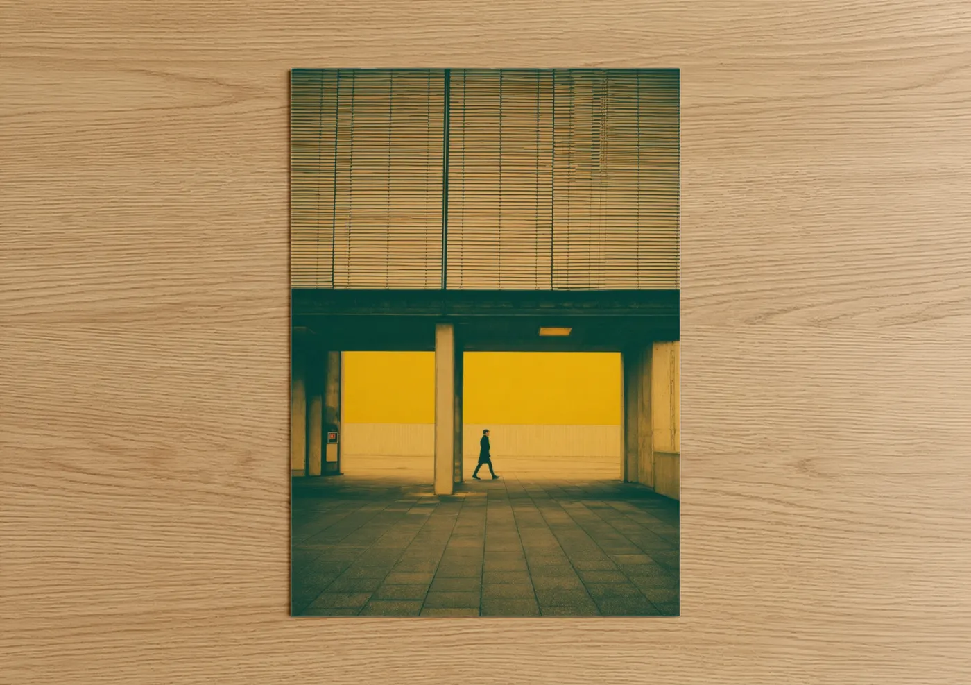 Abstract architecture art print on warm oak wood — teal and gold palette — Geometric Passage poster