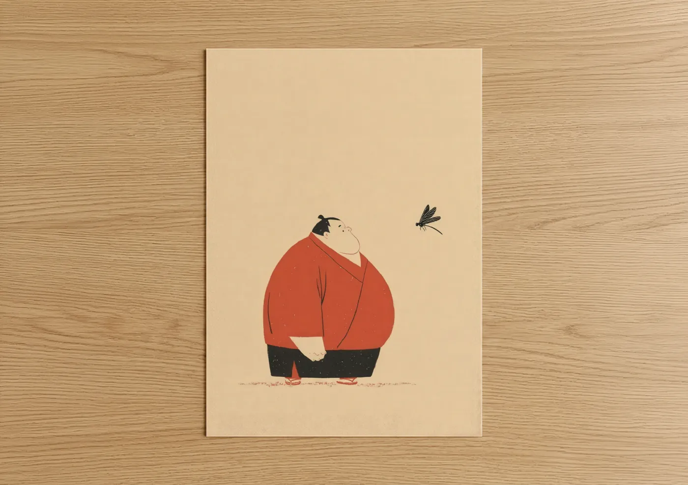 Art print on warm oak wood — red and cream palette — Contemplative Sumo poster