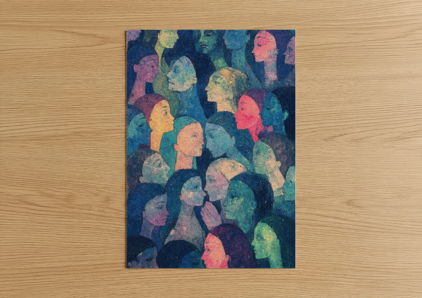 All saints day art print on warm oak wood — teal and gold palette — Ethereal Remembrance poster