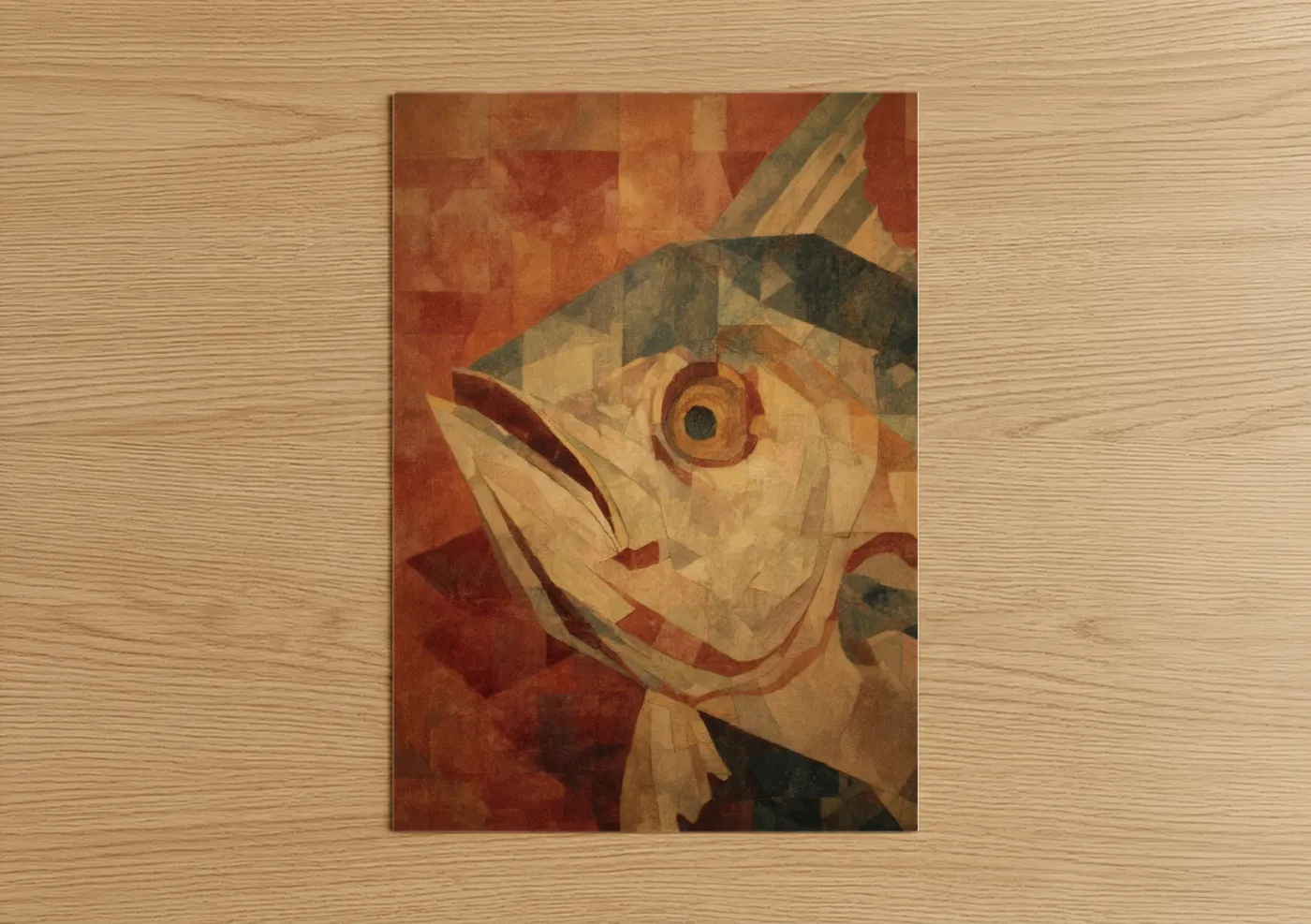 Art print on warm oak wood — cream palette — Geometric Wahoo poster
