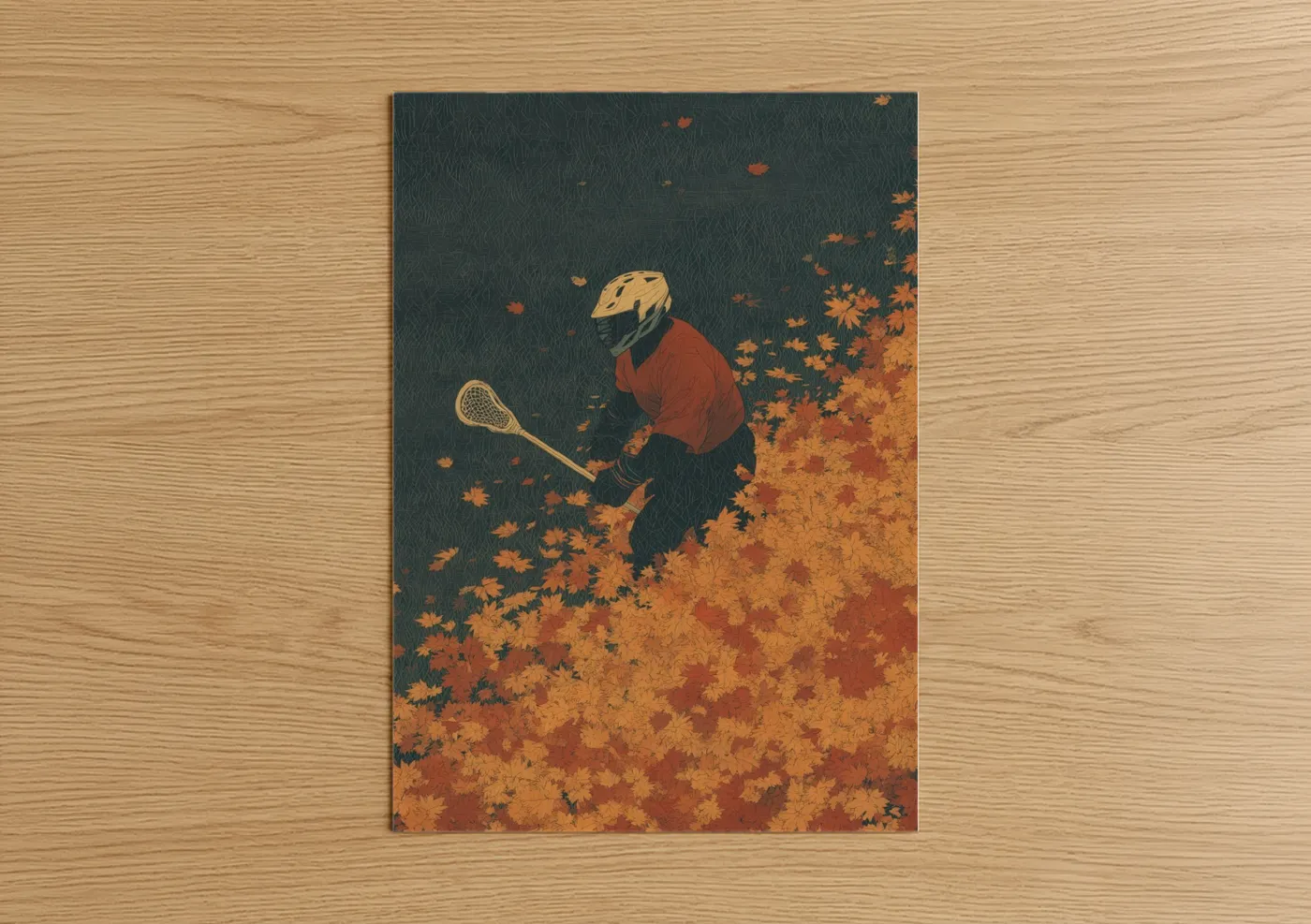 Autumn Lacrosse Player Falling Leaves Wall Art