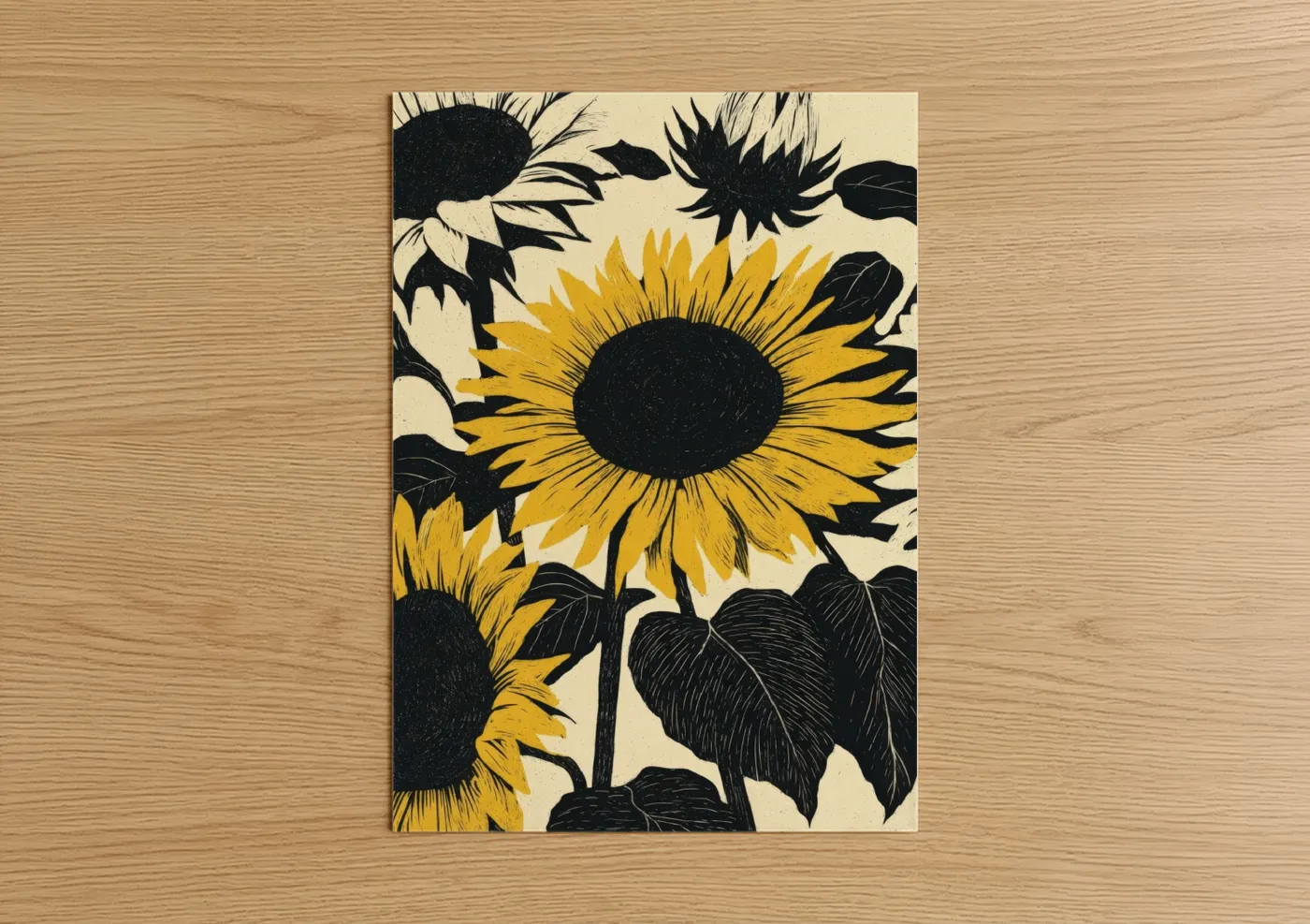 Golden Sunflower Field Woodcut Wall Art