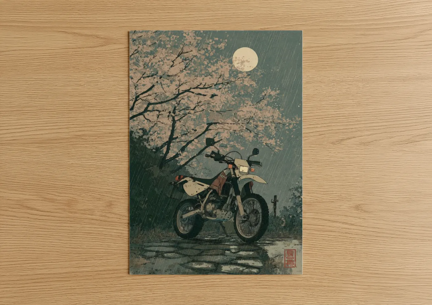 Vintage Motorcycle Rainy Night Moon Wall Art
