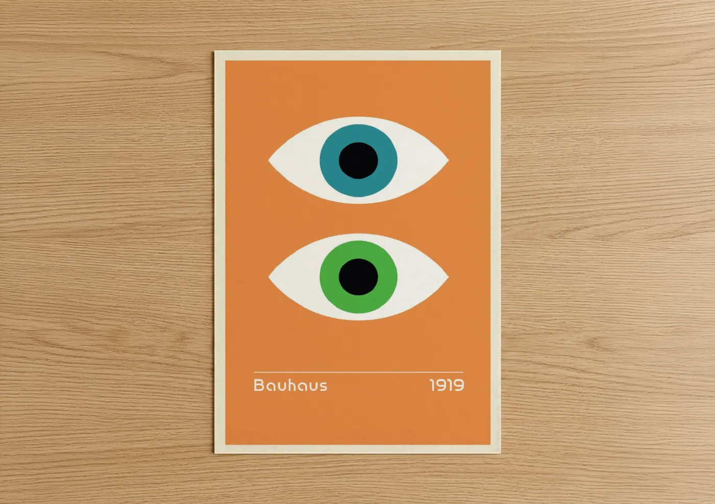 Abstract geometric art print on warm oak wood — orange and teal palette — Dual Vision Eyes poster
