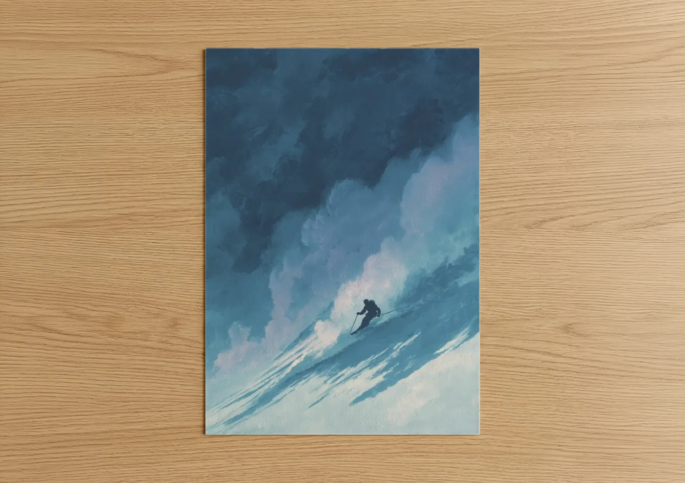 Skiing art print on warm oak wood — blue and white palette — Alpine Descent poster