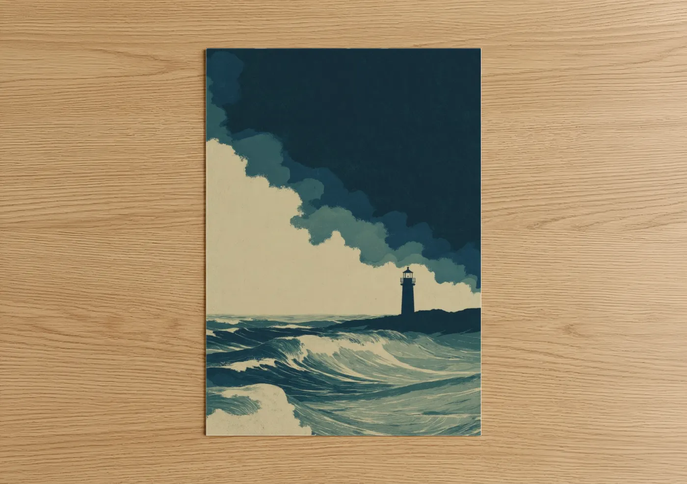 Seascapes and ocean art print on warm oak wood — dark blue and cream palette — Stormy Lighthouse poster