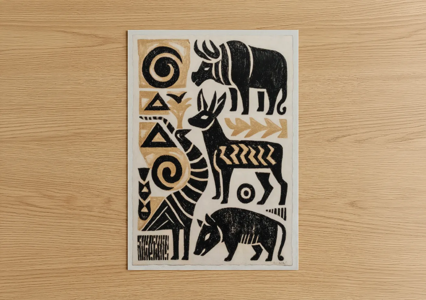 Abstract traditional art print on warm oak wood — black and white and gold palette — Sacred Beasts poster
