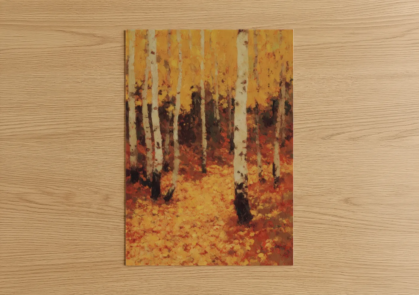 Art print on warm oak wood — yellow gold and russet palette — Golden Aspen Forest poster