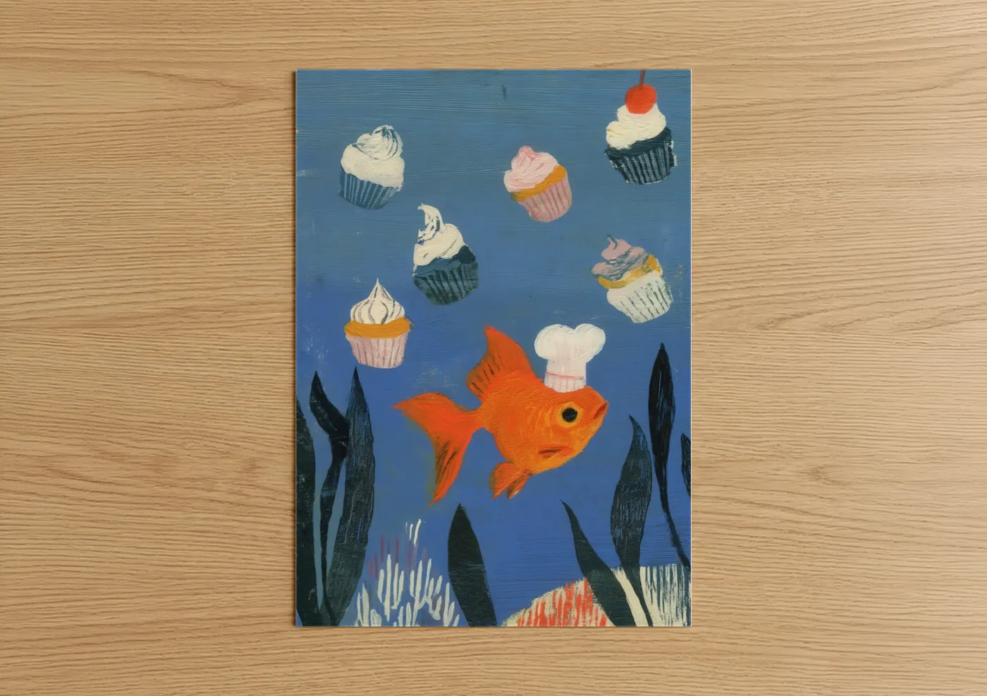 Art print on warm oak wood — blue and orange palette — Goldfish Chef poster