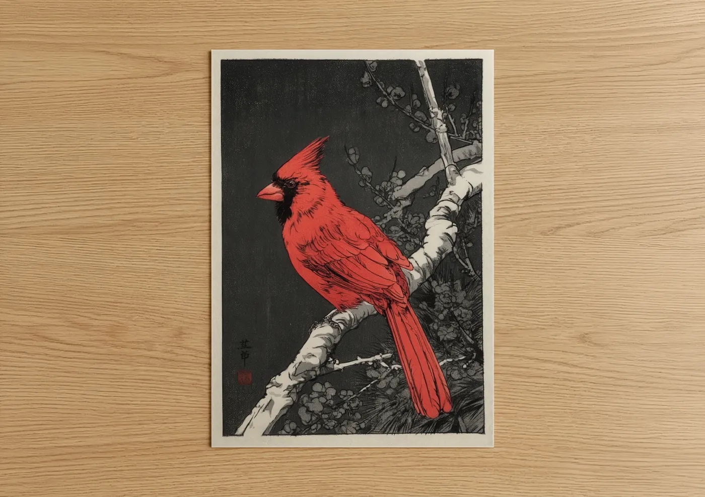 Art print on warm oak wood — red and black and white palette — Crimson Cardinal Branch poster