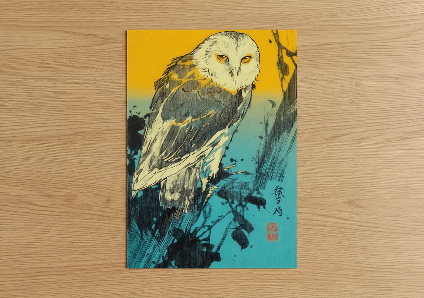Golden Snowy Owl Japanese Woodblock Wall Art