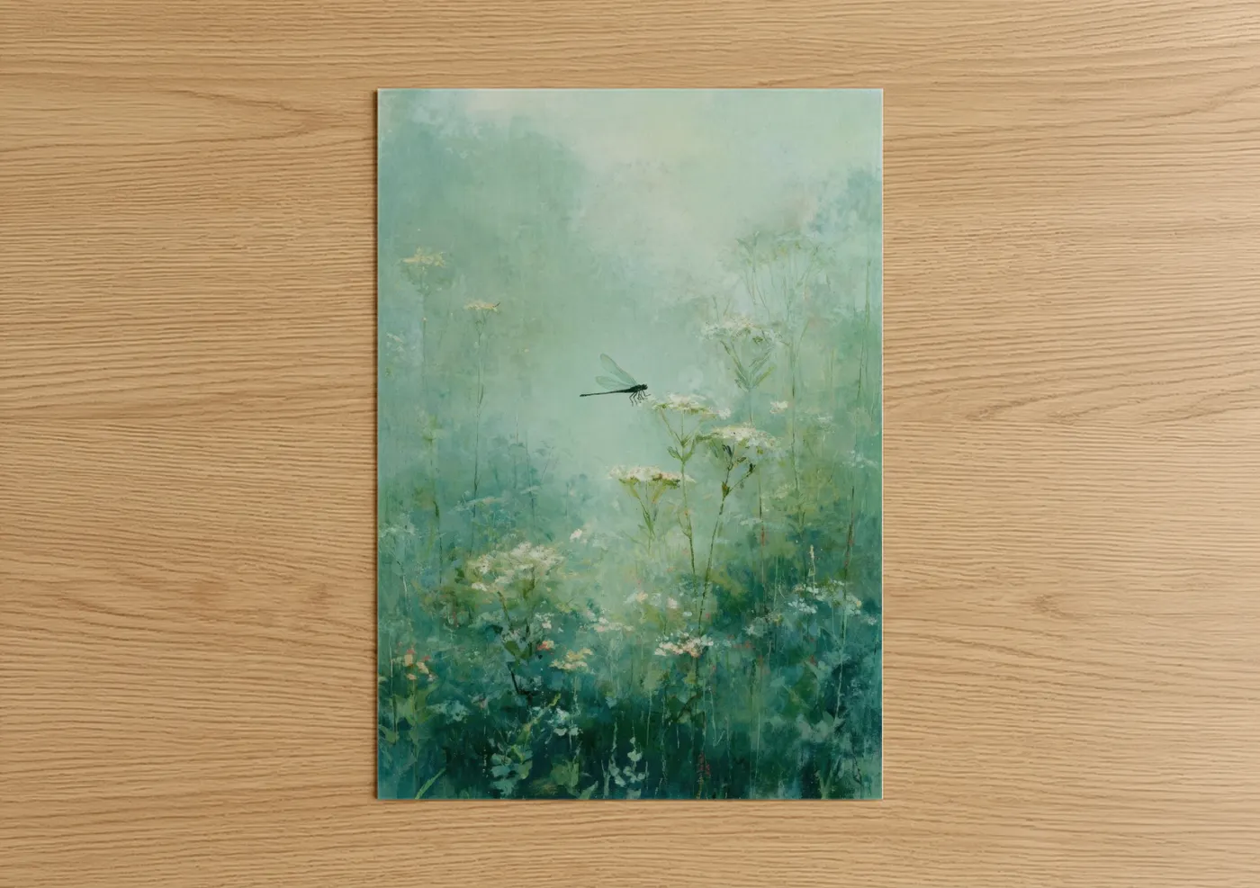 Art print on warm oak wood — light green and white palette — Misty Dragonfly poster