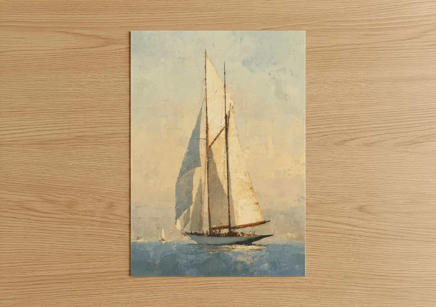 Art print on warm oak wood — cream and blue and gold palette — Golden Sailing Ship poster