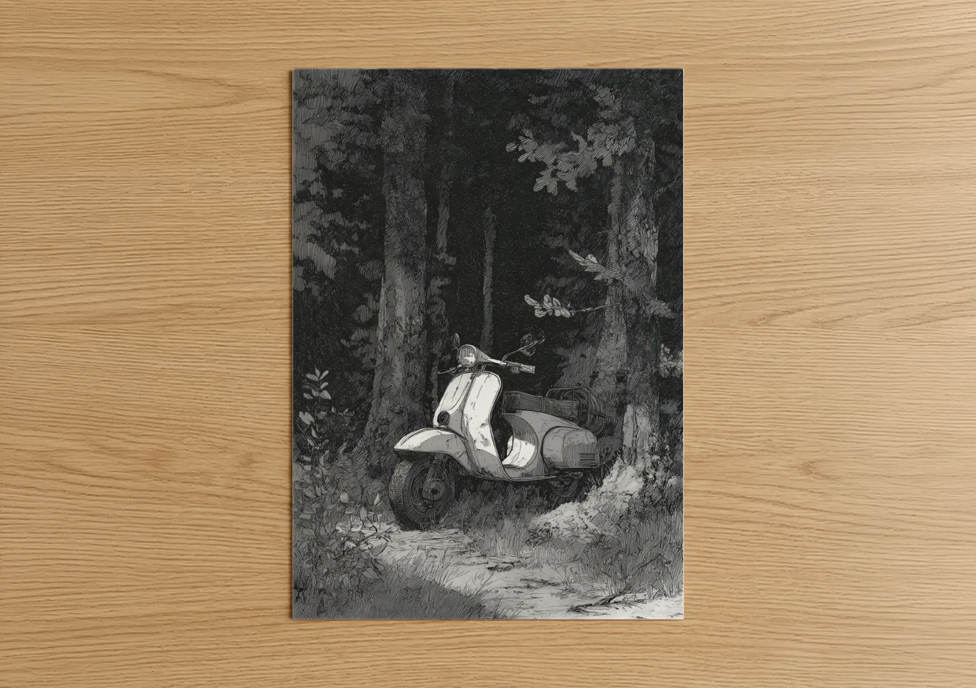 Vintage Scooter Forest Path Illustration Wall Art