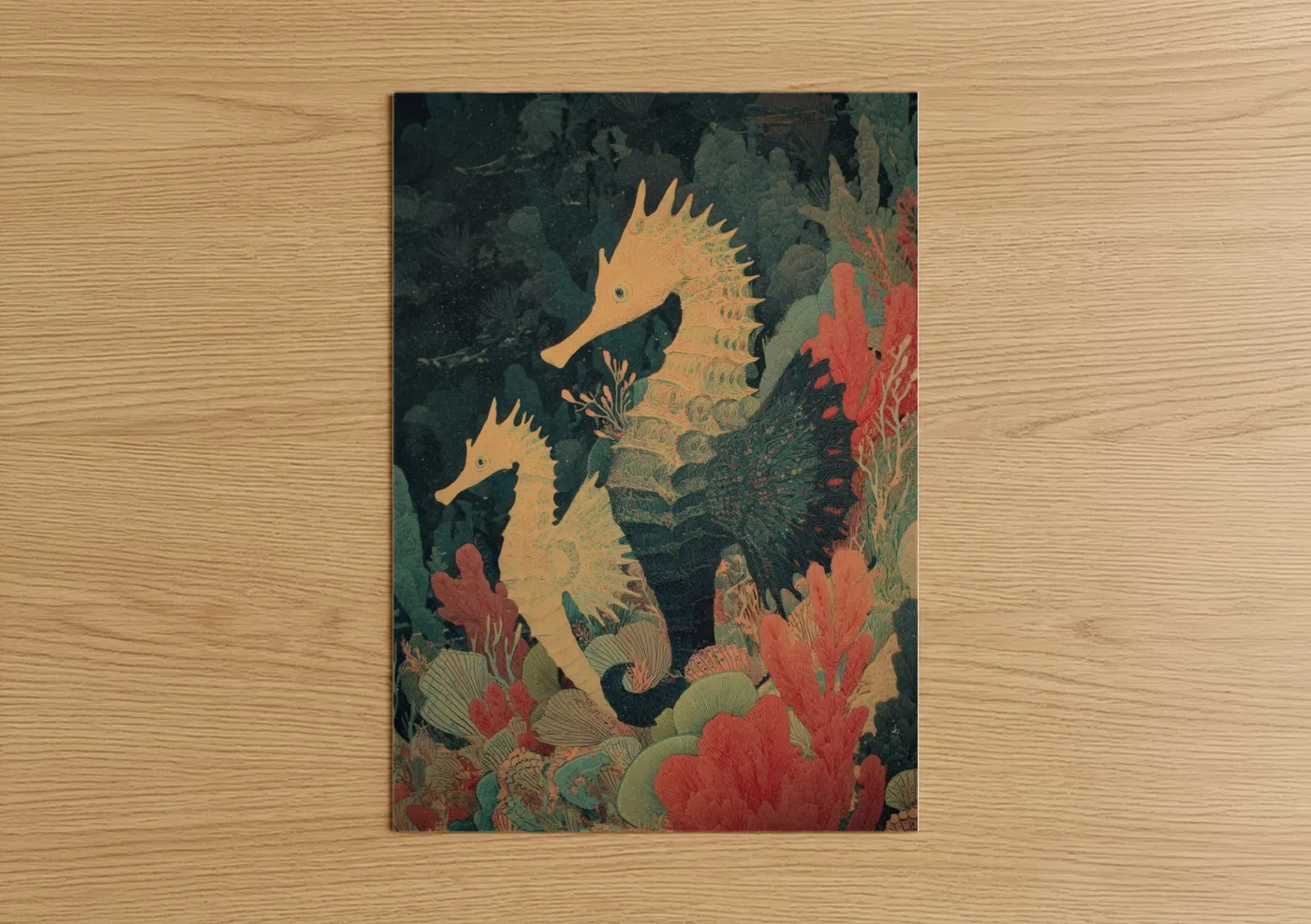 Golden Seahorse Pair Coral Garden Wall Art