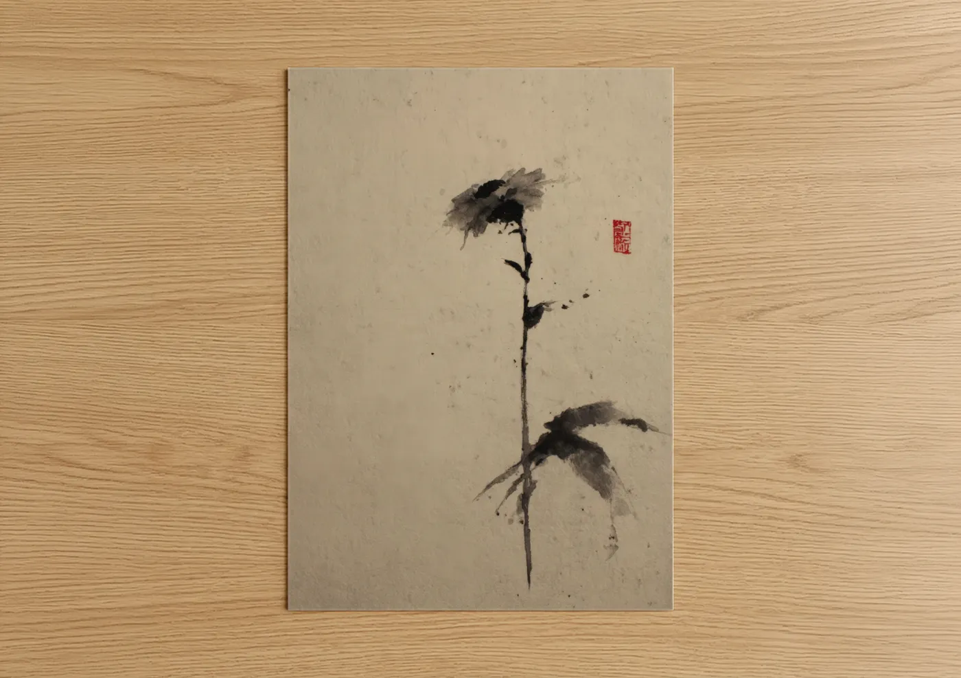 Wilting Sunflower Ink Wash Painting Wall Art