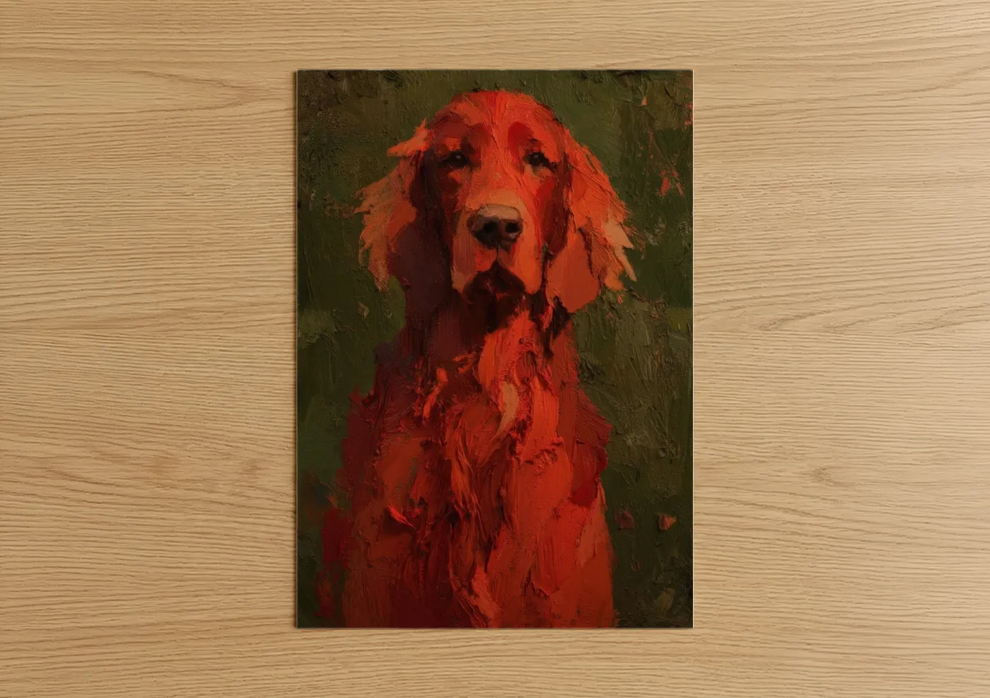 Art print on warm oak wood — red and olive palette — Crimson Setter Portrait poster