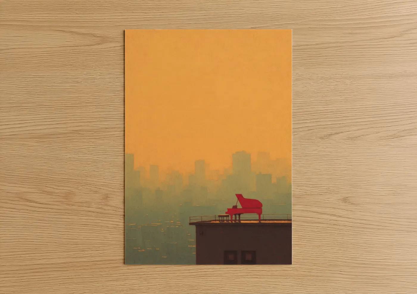 Red Piano Cityscape Sunset Wall Art