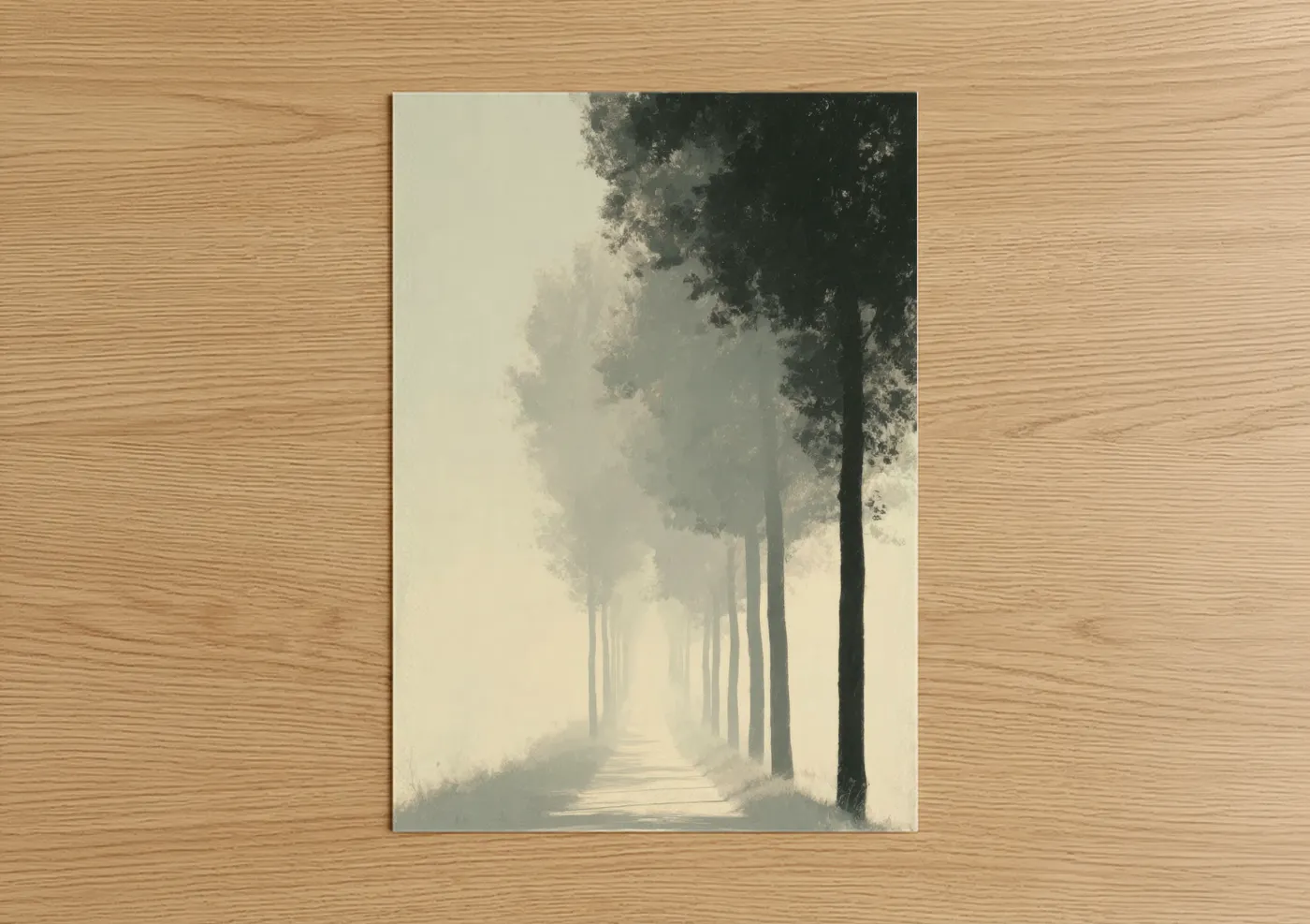 Christian symbols art print on warm oak wood — gray and cream palette — Misty Path Serenity poster