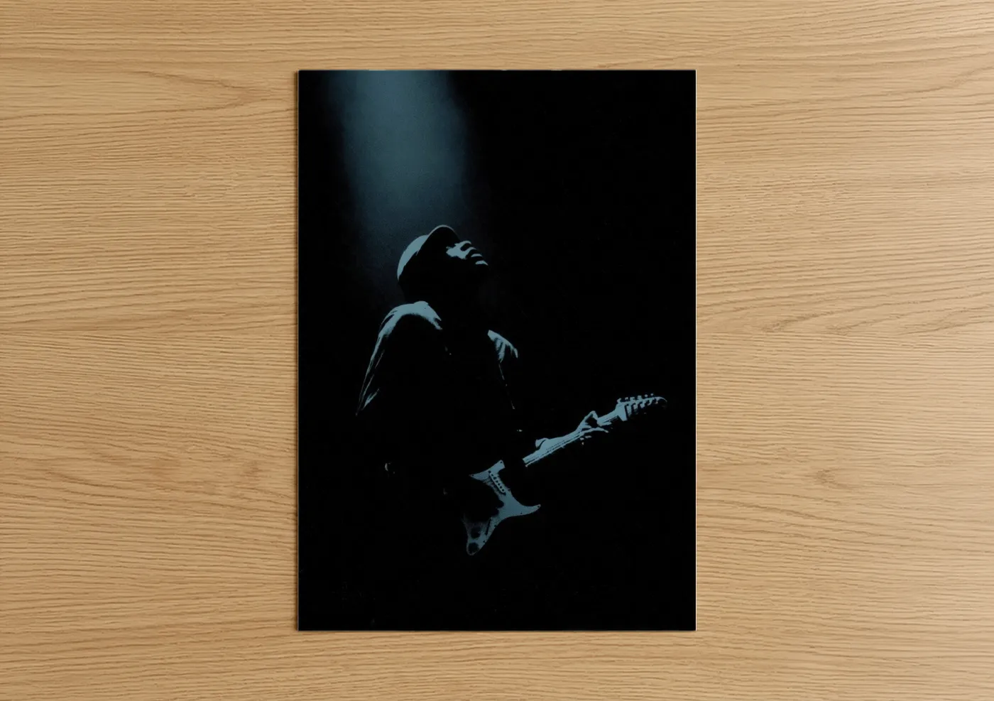 Art print on warm oak wood — blue and black palette — Blues Guitarist poster