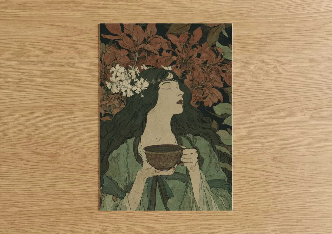 Art print on warm oak wood — russet and sage green palette — Floral Coffee Reverie poster