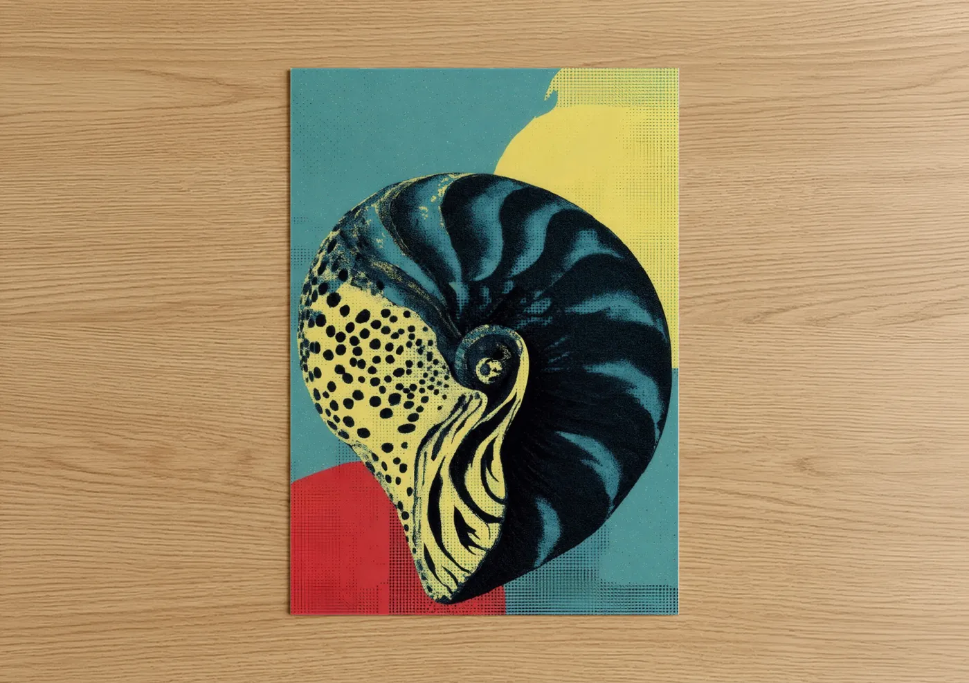 Art print on warm oak wood — teal and yellow gold palette — Golden Nautilus Shell poster