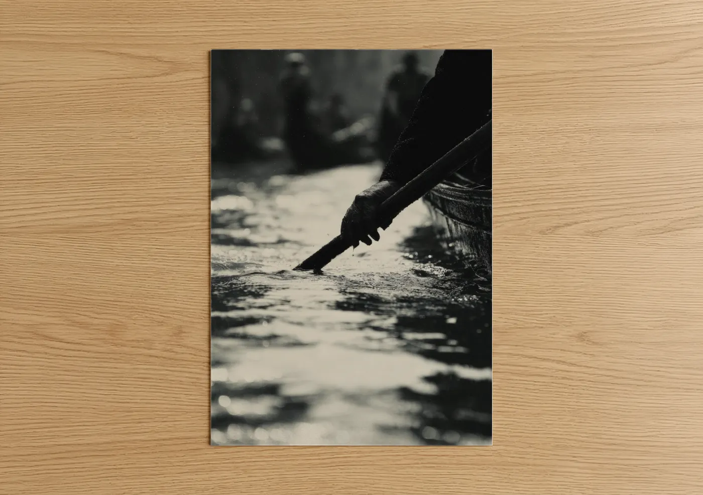 Gondola art print on warm oak wood — black and white and gray palette — Venetian Oar poster