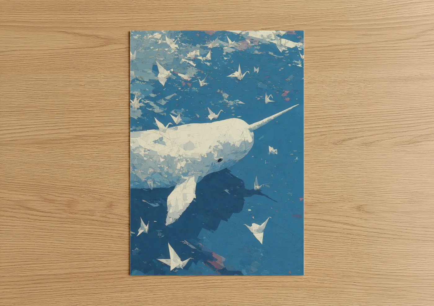 Art print on warm oak wood — blue and white palette — Dreaming Narwhal poster