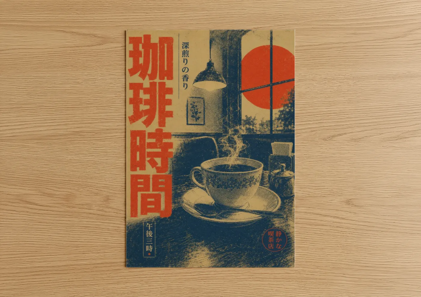 Cafe art print on warm oak wood — blue and red palette — Vintage Japanese Coffee Shop Wall Art poster
