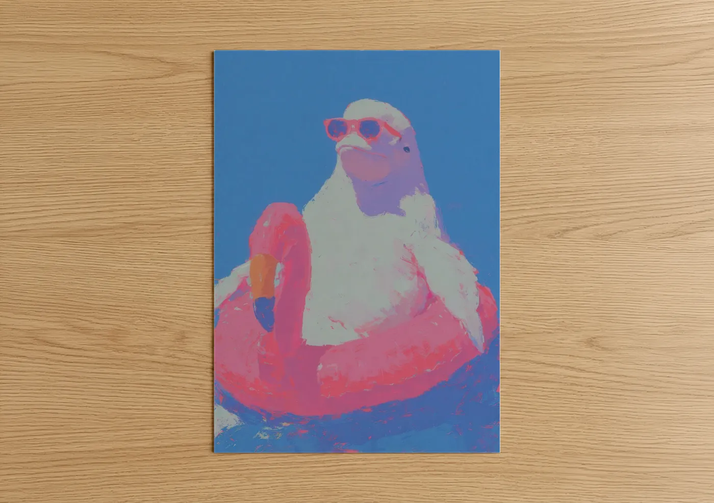 Art print on warm oak wood — blue and magenta palette — Cool Beluga Whale poster