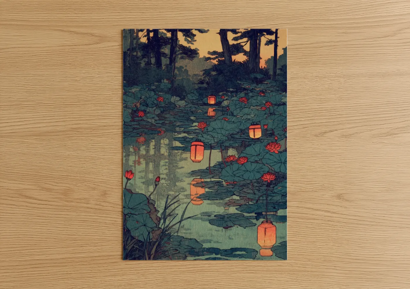 Lantern Lotus Pond Japanese Woodblock Wall Art