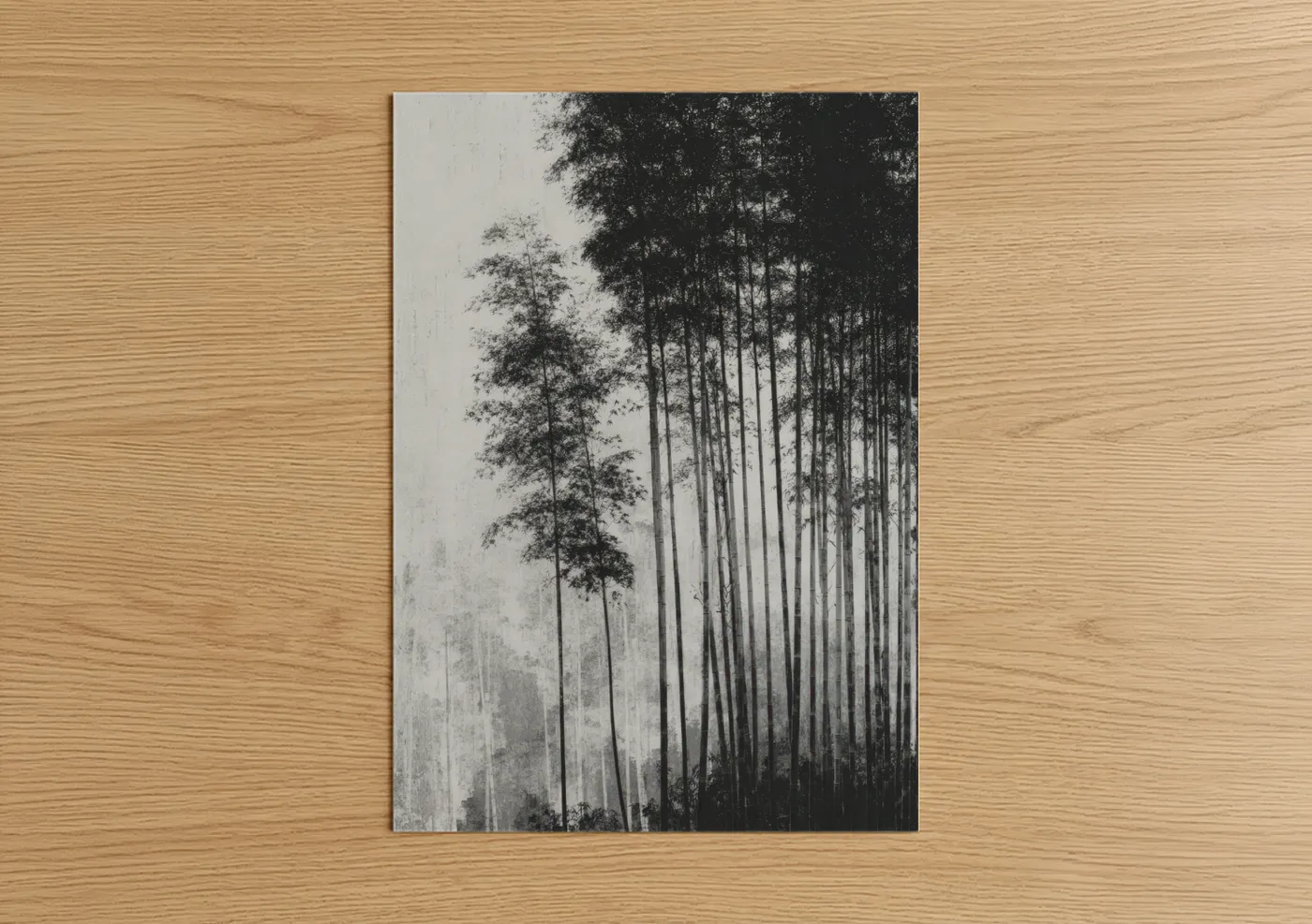 Bamboo jungle art print on warm oak wood — black and white and gray palette — Misty Bamboo Forest poster