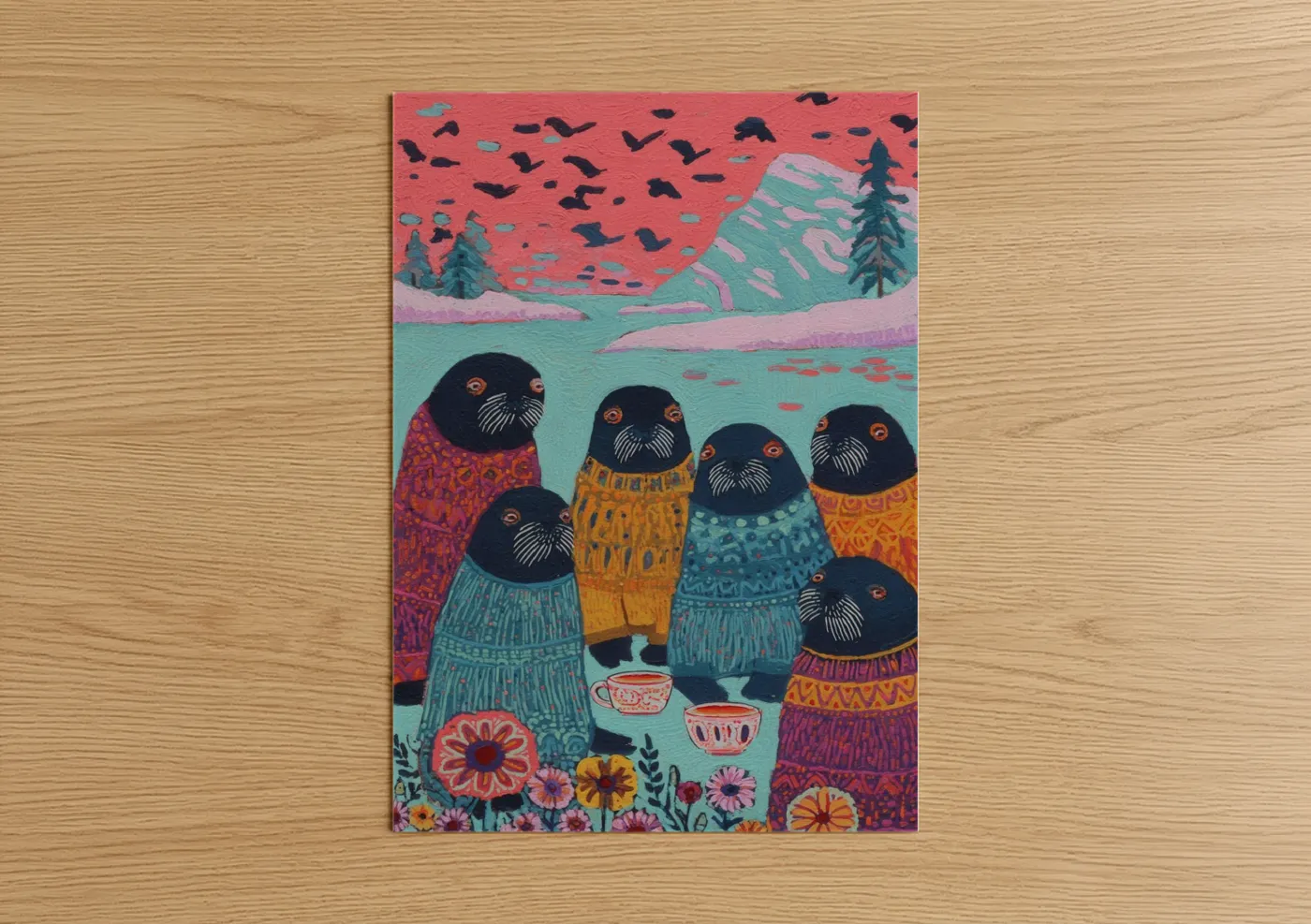 Colorful Walrus Family Winter Gathering Wall Art