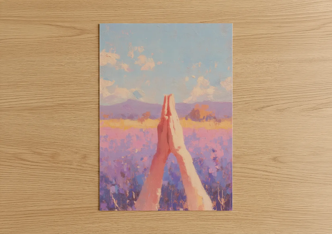 Fitness yoga art print on warm oak wood — lavender and peach palette — Sunrise Prayer Hands poster
