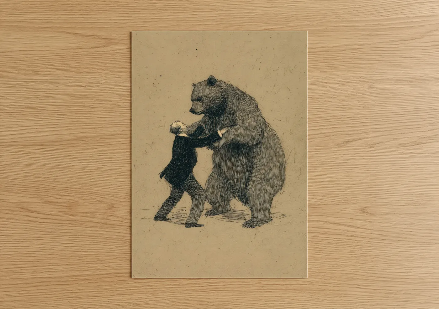 Bear Wrestling Match Vintage Illustration Wall Art