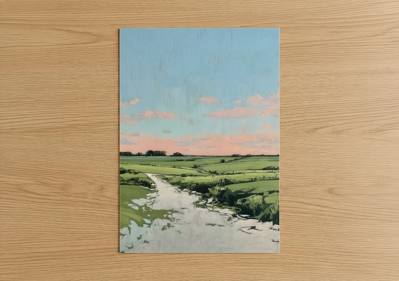 Various landscapes art print on warm oak wood — light green and blue and gold palette — Pastoral River Valley poster
