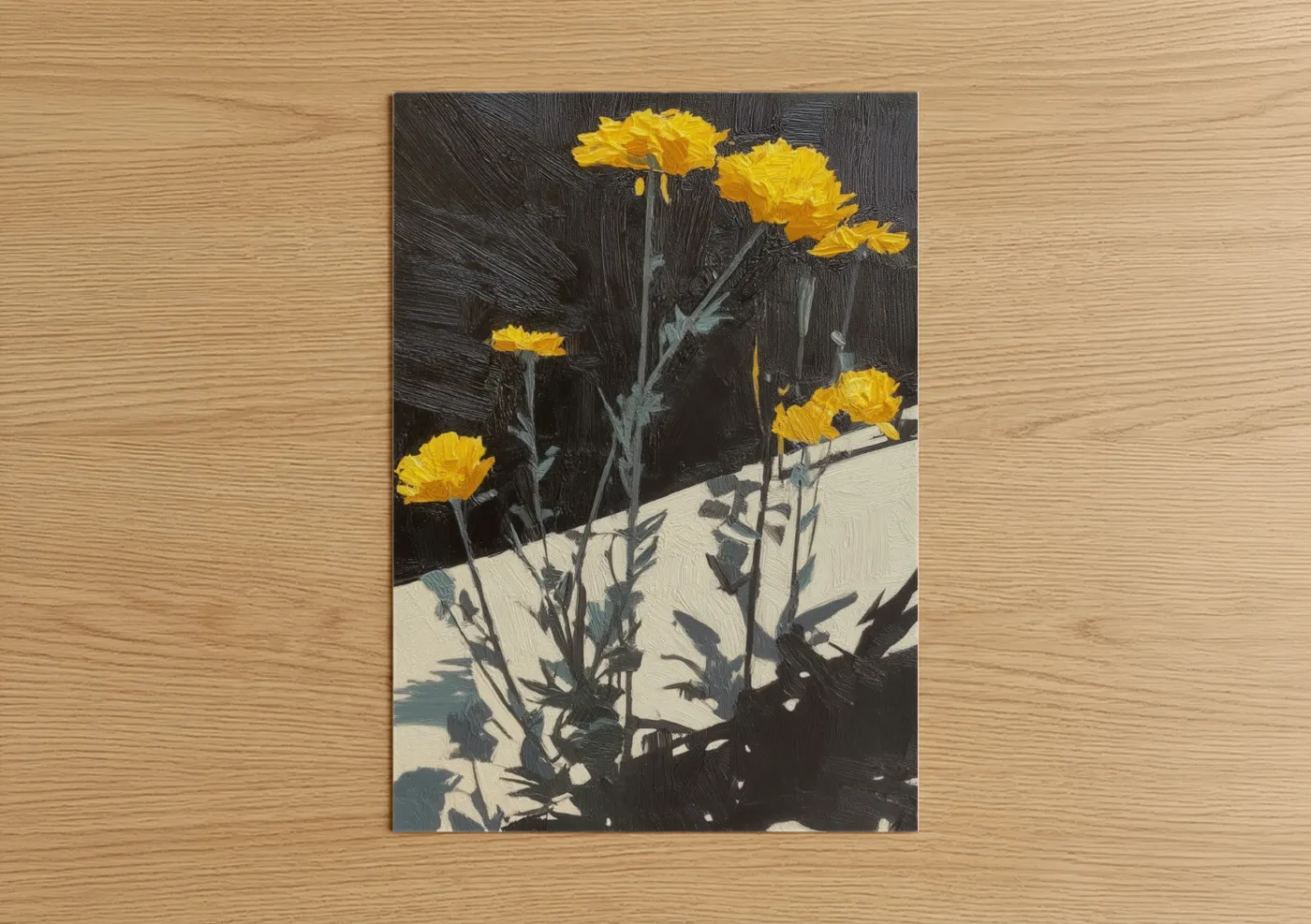 Abstract flower art print on warm oak wood — yellow gold and black palette — Sunlit Daisies poster