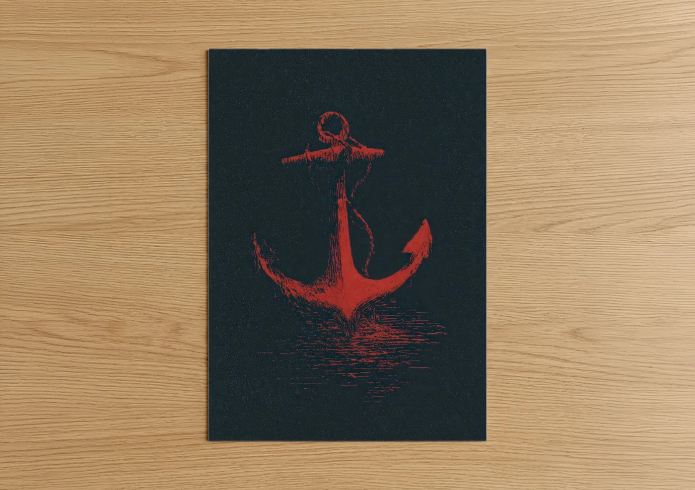 Art print on warm oak wood — red and black and blue palette — Crimson Anchor poster