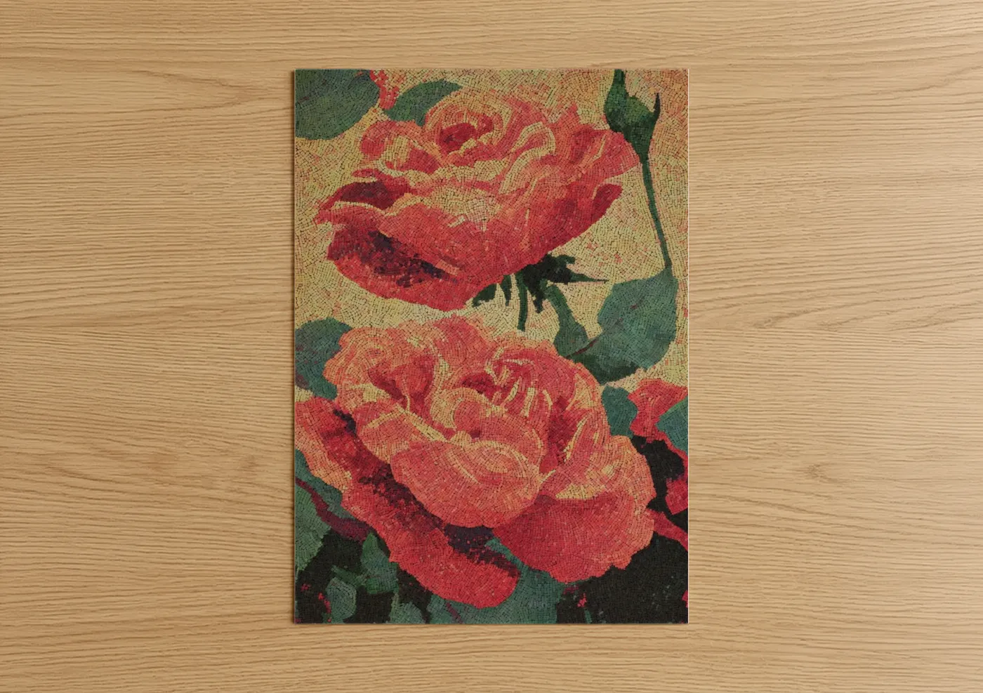 Art print on warm oak wood — red and gold palette — Crimson Garden Roses poster