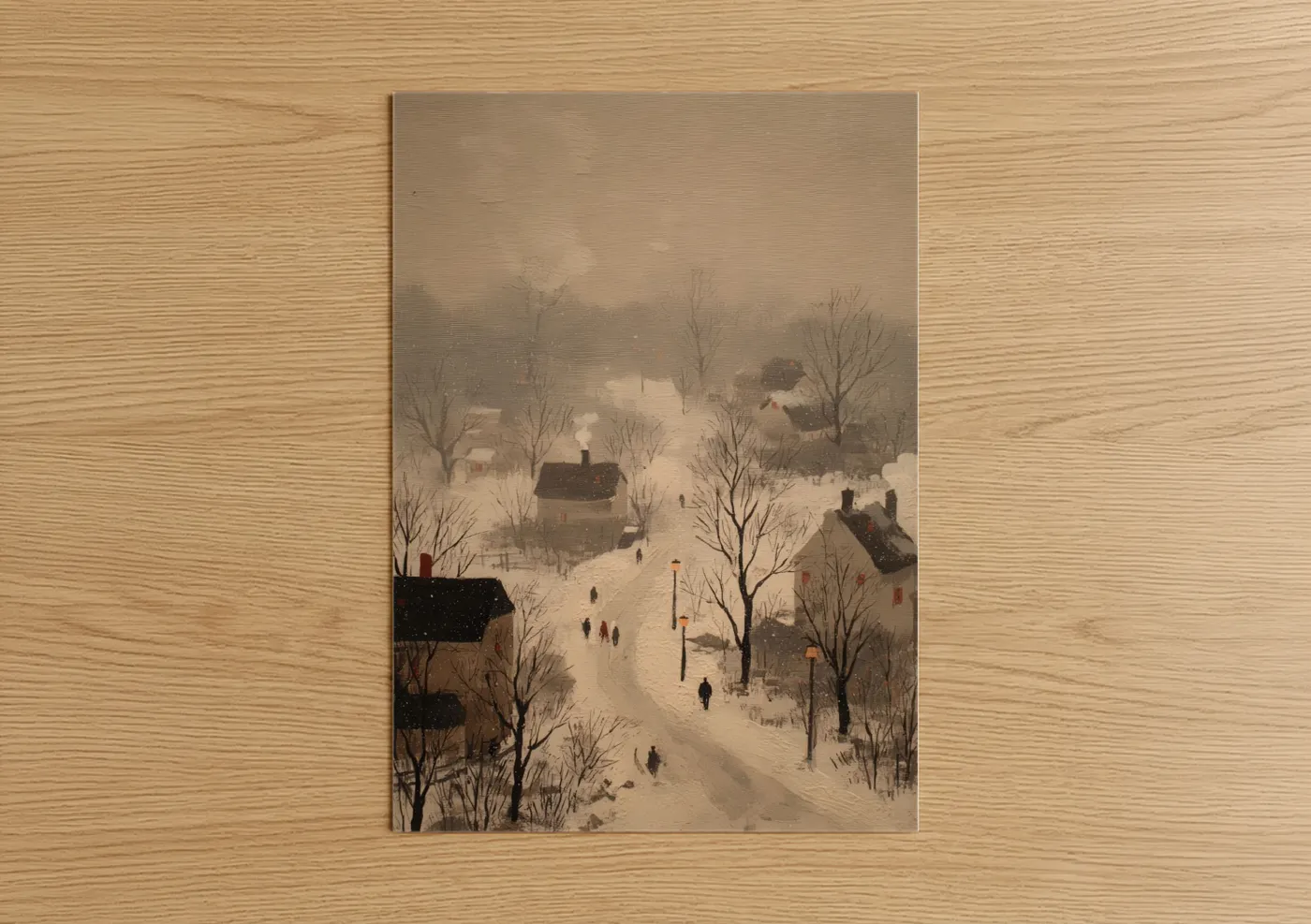 Road and highways art print on warm oak wood — cream and gray palette — Snowy Village Road poster